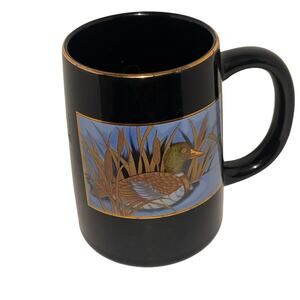 Otagiri Coffee Tea Mug Mallard Duck in Pond Gibsons Greetings Black Gold Trim
